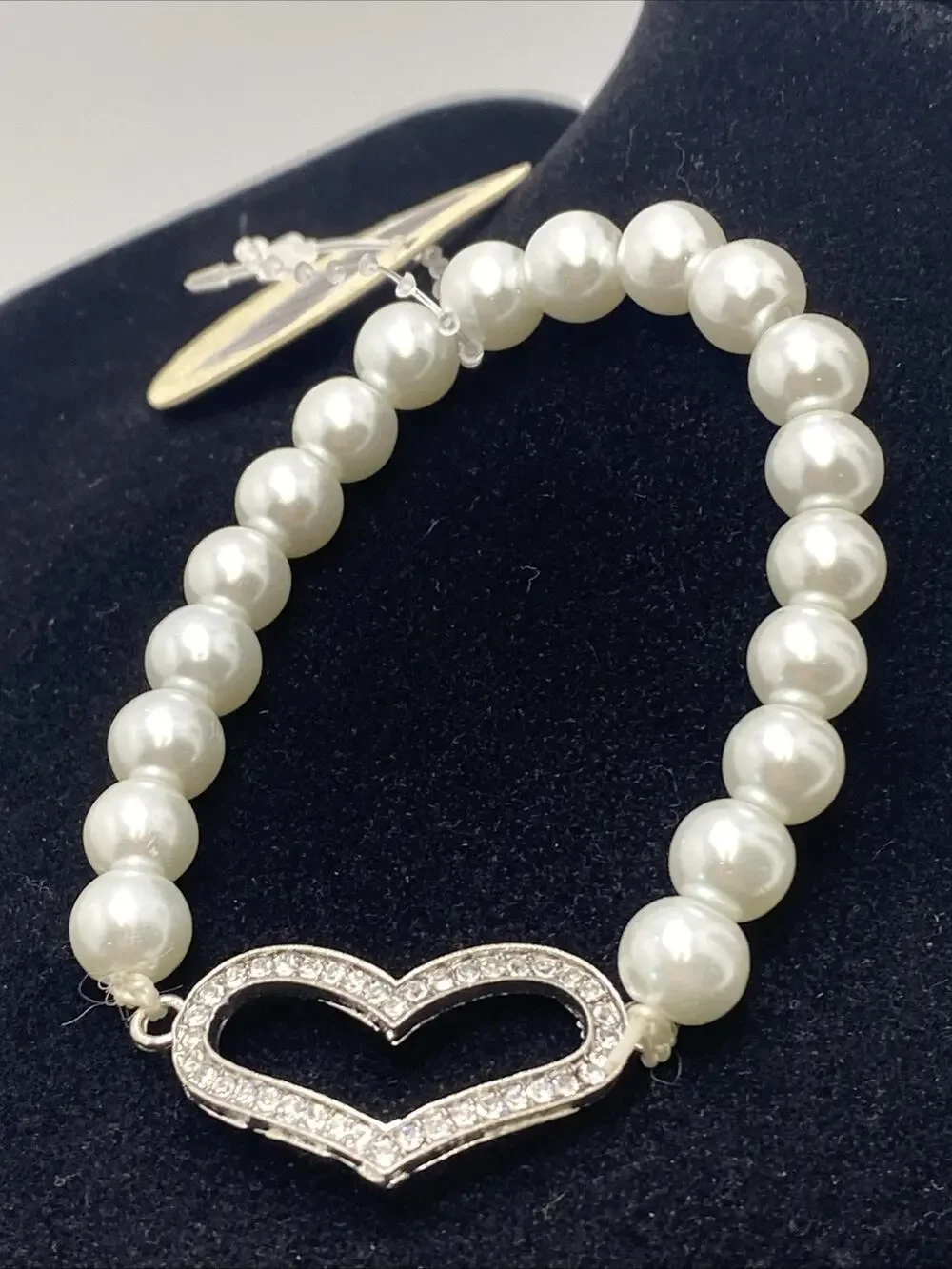 Womens Heart Rhinestone Faux Pearl Bracelet